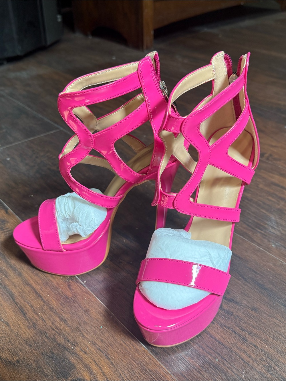 Hot Pink Strappy Platform Heels - Women